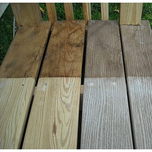 Instagone Multi-Purpose Stain Remover used on wood and Trex composite decking. Half the example is clean, while the untreated half is noticeably stained.