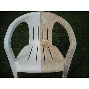 Instagone Multi-Purpose Stain Remover used on an old PVC patio lawn chair. Half is perfectly clean and the other is stained brown from years of rain and normal use.